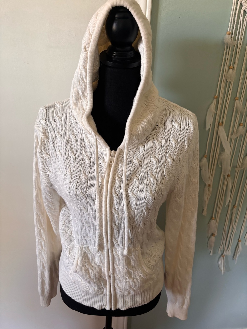 Brandy Melville Cream Cable Knit Hooded Zip Sweater